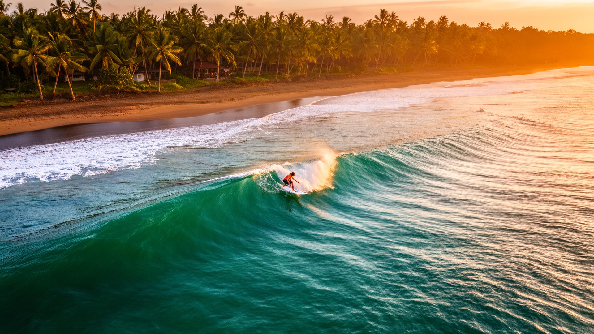 Surfer riding a wave at sunset in Nosara, Costa Rica